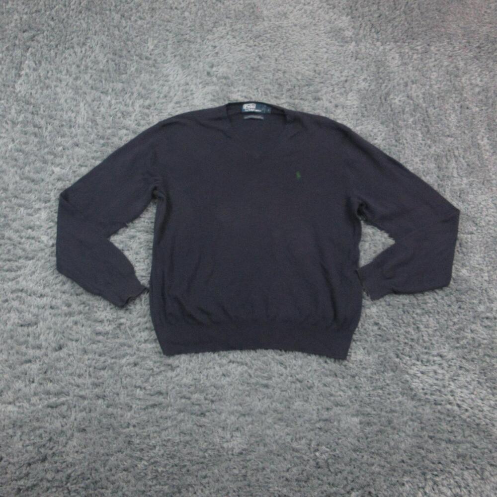 Polo Ralph Lauren Sweater Mens Large Blue Pima Cotton V Neck Knit Pullover